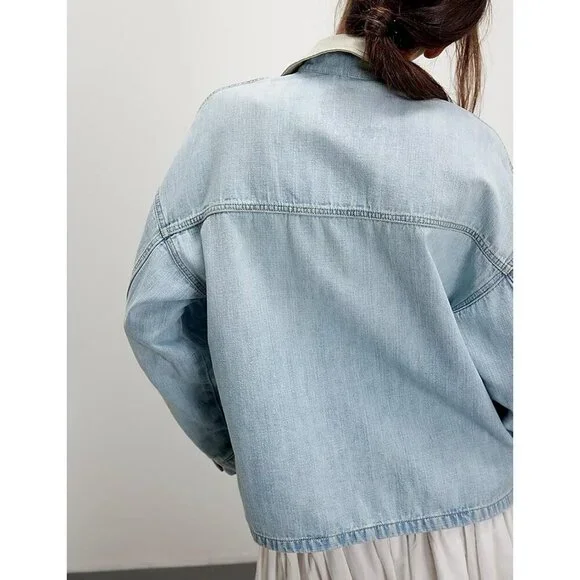 Women's Oversized Denim Jacket with Contrast Long Sleeve Button Down Light Blue